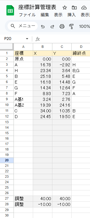 Googleスプレッドシート - 座標管理表
